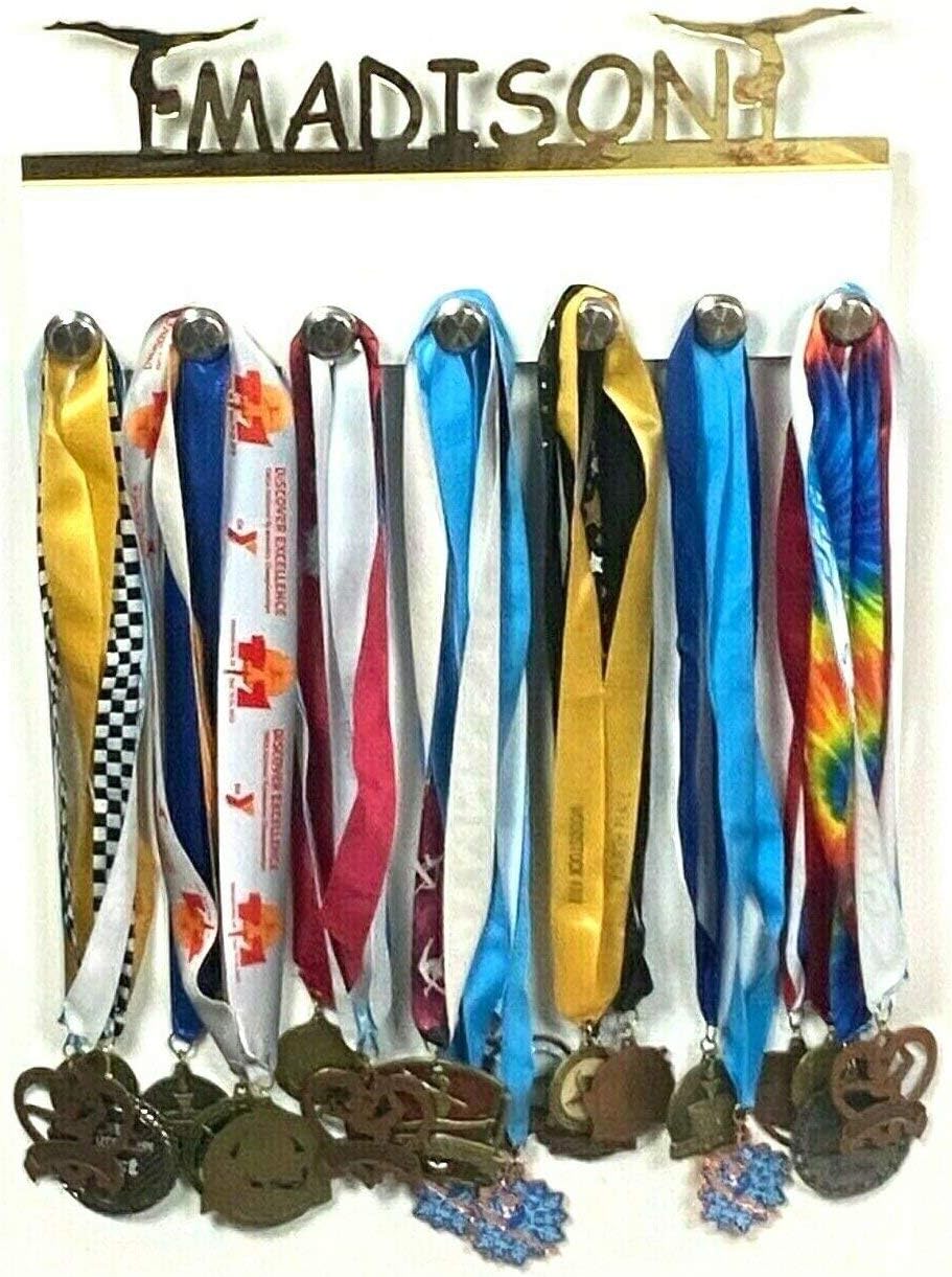Custom Personalized Name Medal Holder, Gymnastics Gymnasts Display Awards Hanger Rack with Hooks for 60+ Medals, Ribbons, Sports 16'' Wide, One Of A Kind Made To Order With Your Name On It