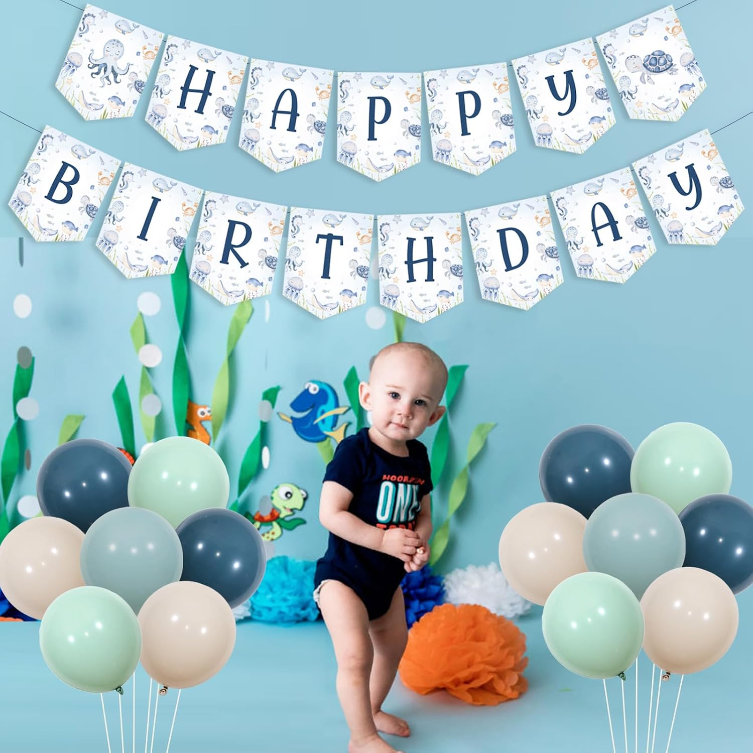 Under the Sea Happy Birthday Party Decorations for Boys - Ocean Theme Backdrop Kit with Underwater World Banner Retro Theme Balloons for Marine Animals Birthday Party Supplies