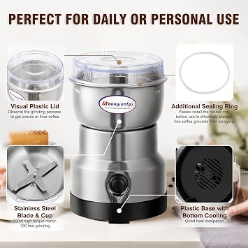 Moongiantgo Mini Spice Coffee Grinder Electric 10s Fast Grinder Multifunction Shredding Machine Dry Grain Mill Spice Seeds Rice Kernel for Condiments (Silver, 110V)