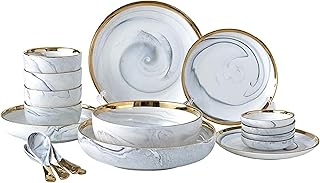 14 Piece Phnom Penh Marble Ceramic Dinner Set Porcelain Plates Bowls Spoons Service for 4 People