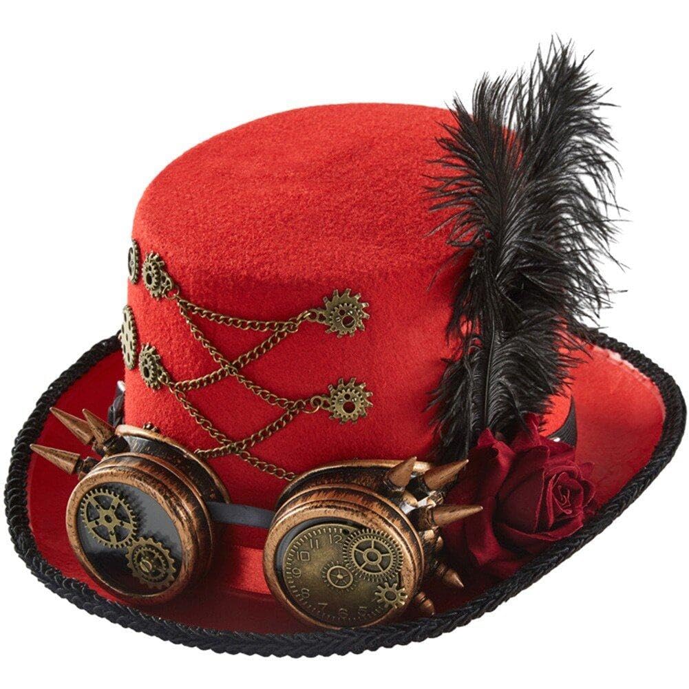 Kapelusz, Unisexowy cylinder steampunk z goglami wielokolorowy(Red)