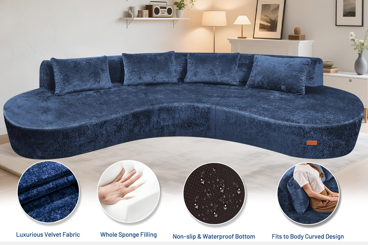 Homguava 130'' Modular Sectional Sofa,Curved Modern Sofa with Memory Foam,Deep Seat Cloud Couch with 4 Pillows,Upholstered Oversized Couches for Living Room Apartment Office,No Assembly Required-Blue