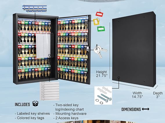 Barska 100-Position Key Lock Box Solid Steel Key Cabinet with Adjustable Numbered Hooks, Key Log Sheet, Color Tags & Index Chart Wall-Mount Organizer, Black Finish Key Organizer Keybox