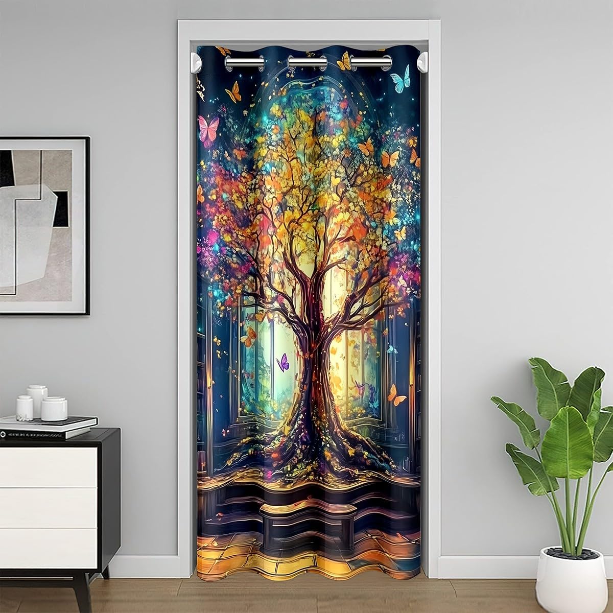 Homewish Tree of Life Door Curtain,Bookshelf Doorway Curtains Woman Men Bedroom Closet Kitchen Privacy,Colorful Butterfly Privacy Curtain Reading Book 30%-50% Blackout Drapes,1 Panel,52" Wx84 L