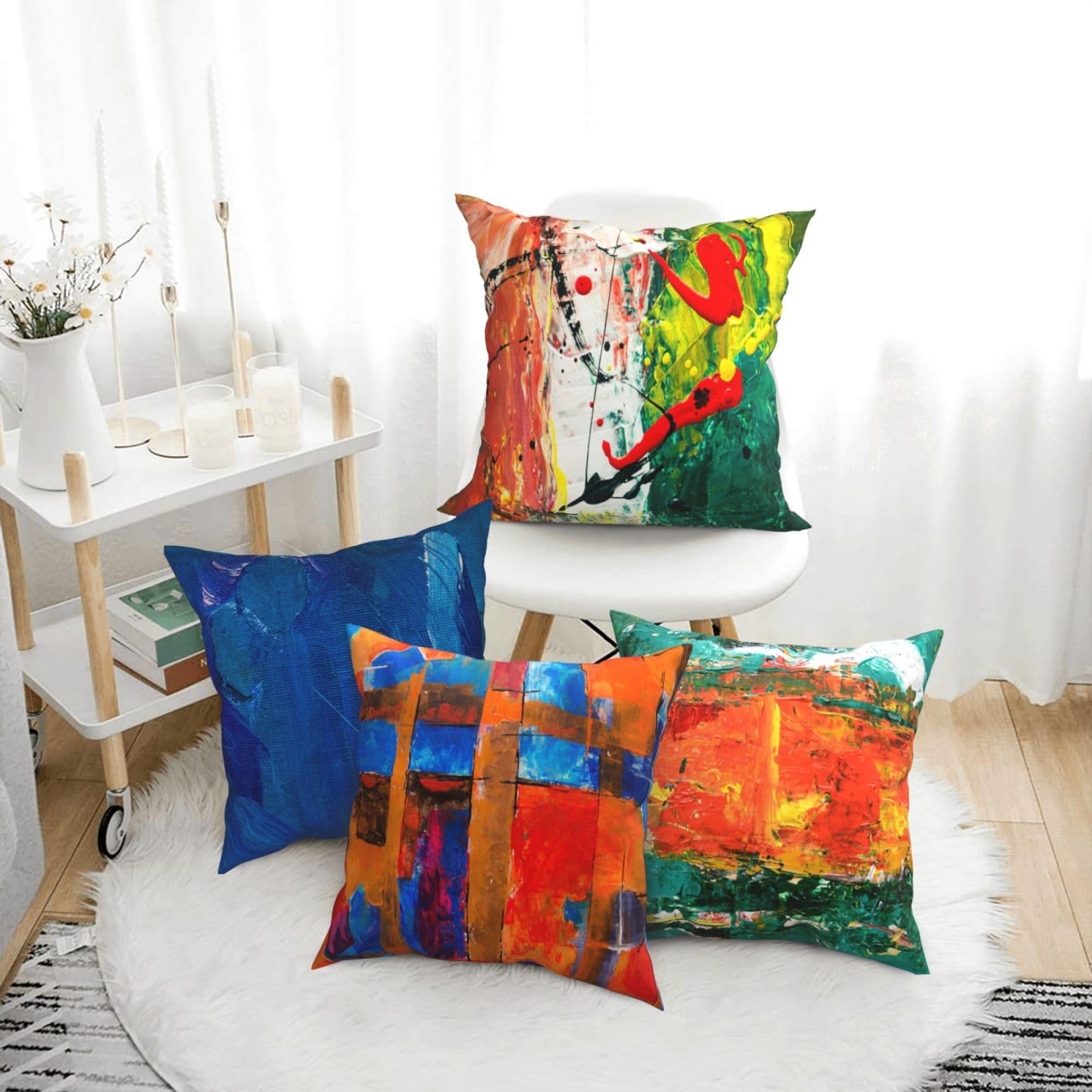Lot 4 Housses De Coussin 35x35 Cm Été Imperméable Velours Bleu – Taie D'Oreiller Extérieur Canapé Jardin Salon Chambre Zip Invisible