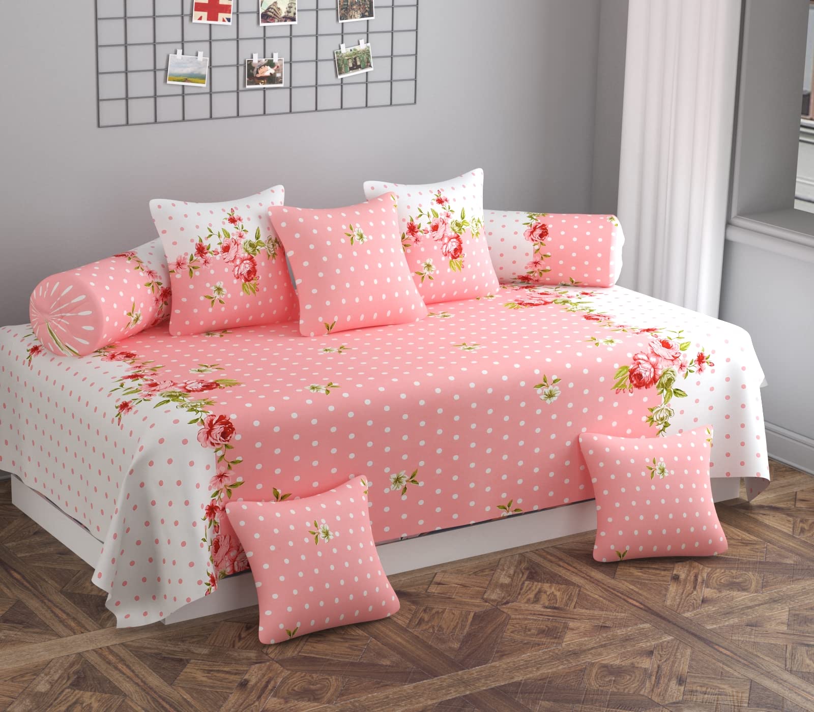HIDECOR Super Soft Cotton diwan Set for Living Room, diwan Set 8 Pieces One Single Bedsheet with 3 Cushion Cover,2 Bolster (Pink)-image-49