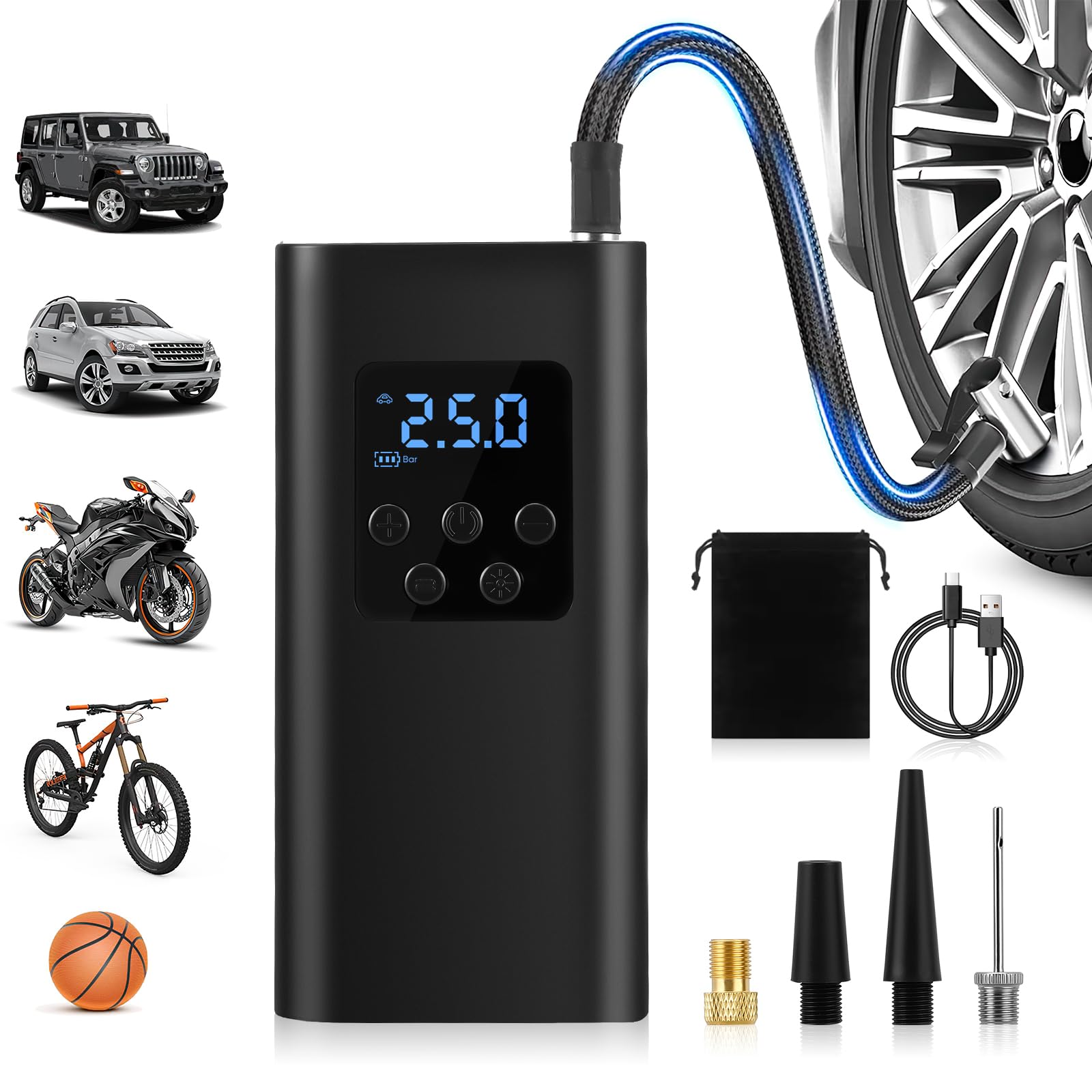 Inflador Ruedas Coche Compresor de aire portátil alimentado por batería 45 l/min para coches, bicicletas y motocicletas, bomba eléctrica para bicicletas con luz LED, 6000 mAh, 4 modos para neumático