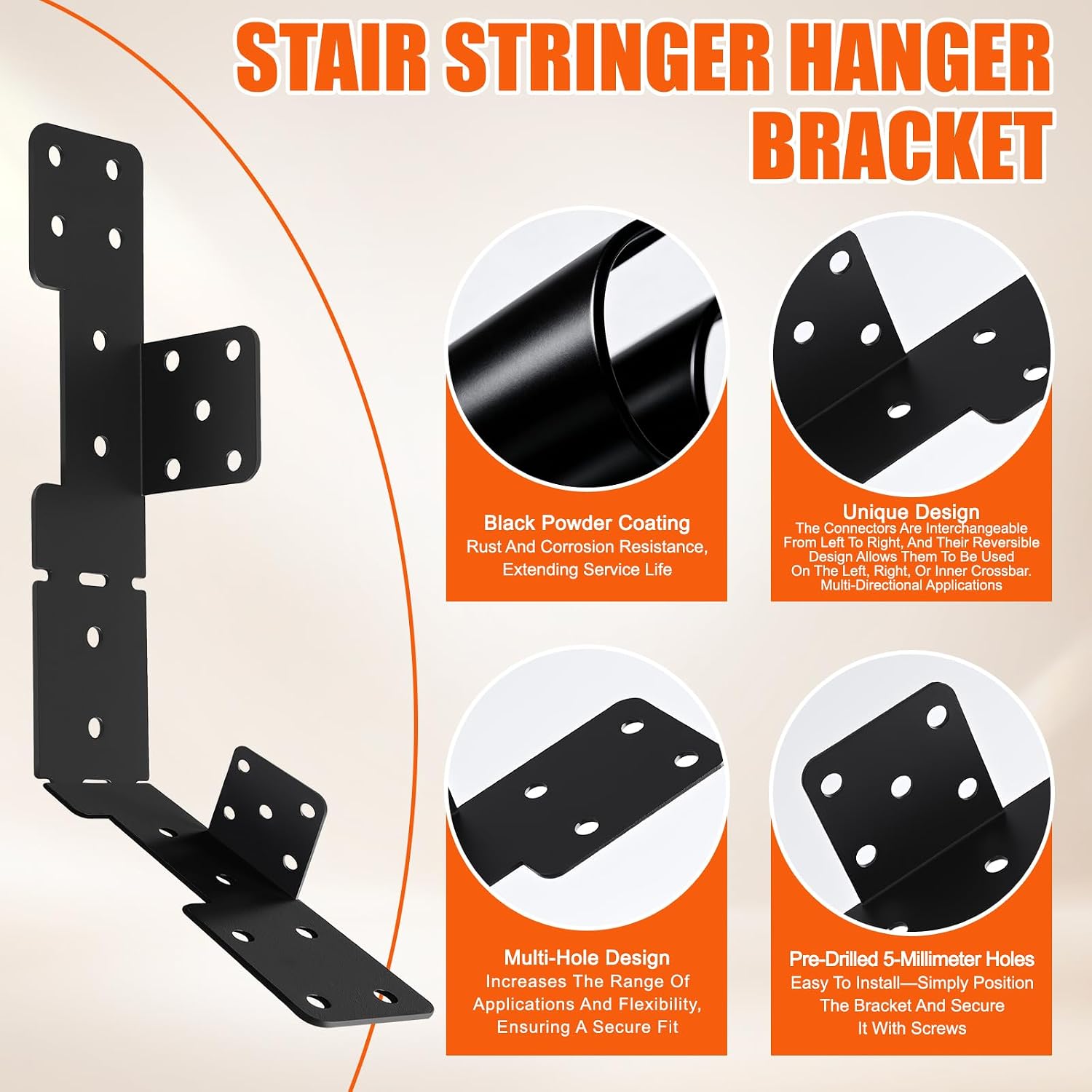 16 Pcs Adjustable Stair Stringer Hanger Brackets,18 Gauge Stair Stringer | Deck Stair Brackets,Black powder coating, For 2x10 2x12 Stair Stringer.