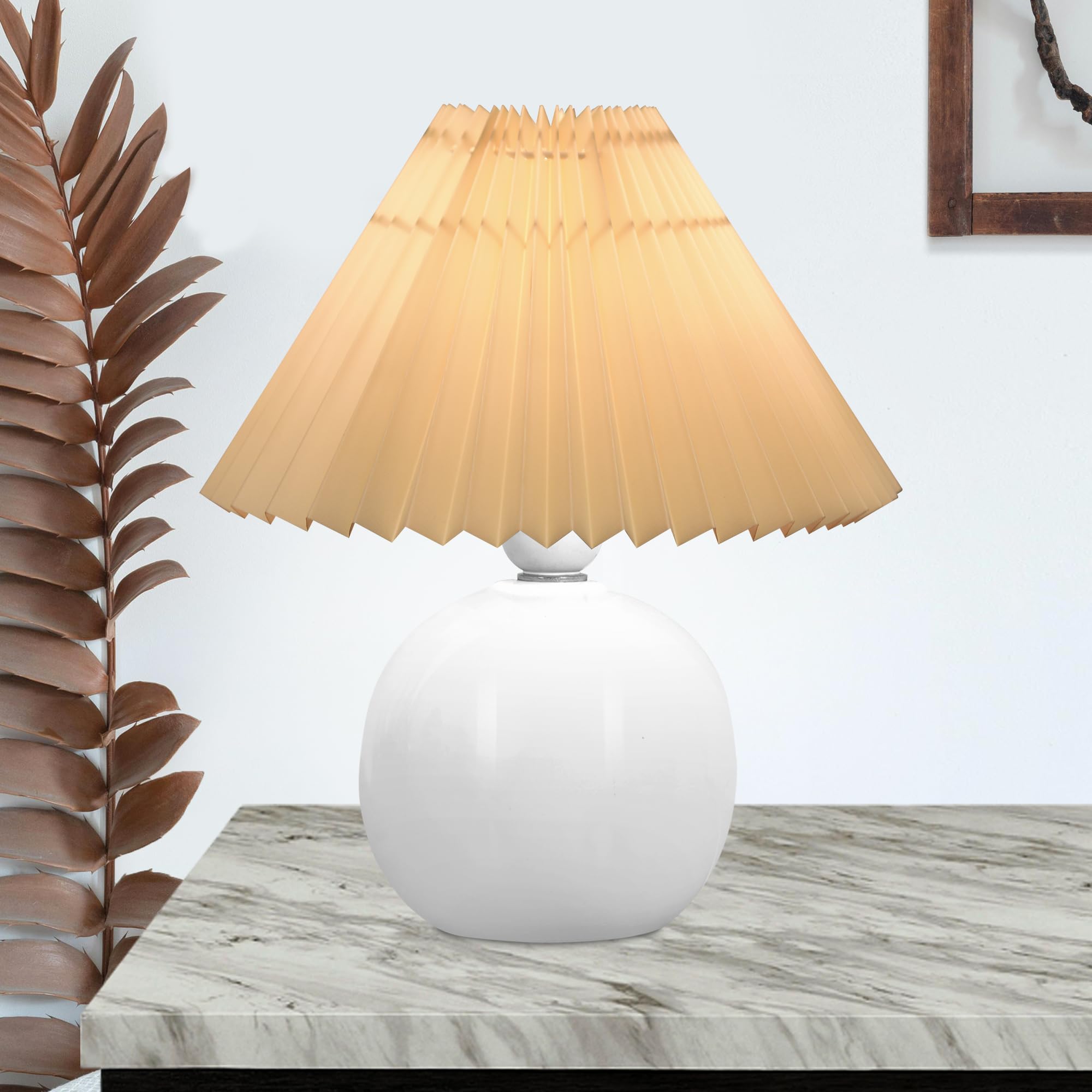 Homesake® Bedside Ceramic Table Lamp, Classic Incandescent Desk Lamp for Living Room Bedroom, Farmhouse Nightstand Lamps Round with Fabric Shade (Off-White Pleated)-picture-43
