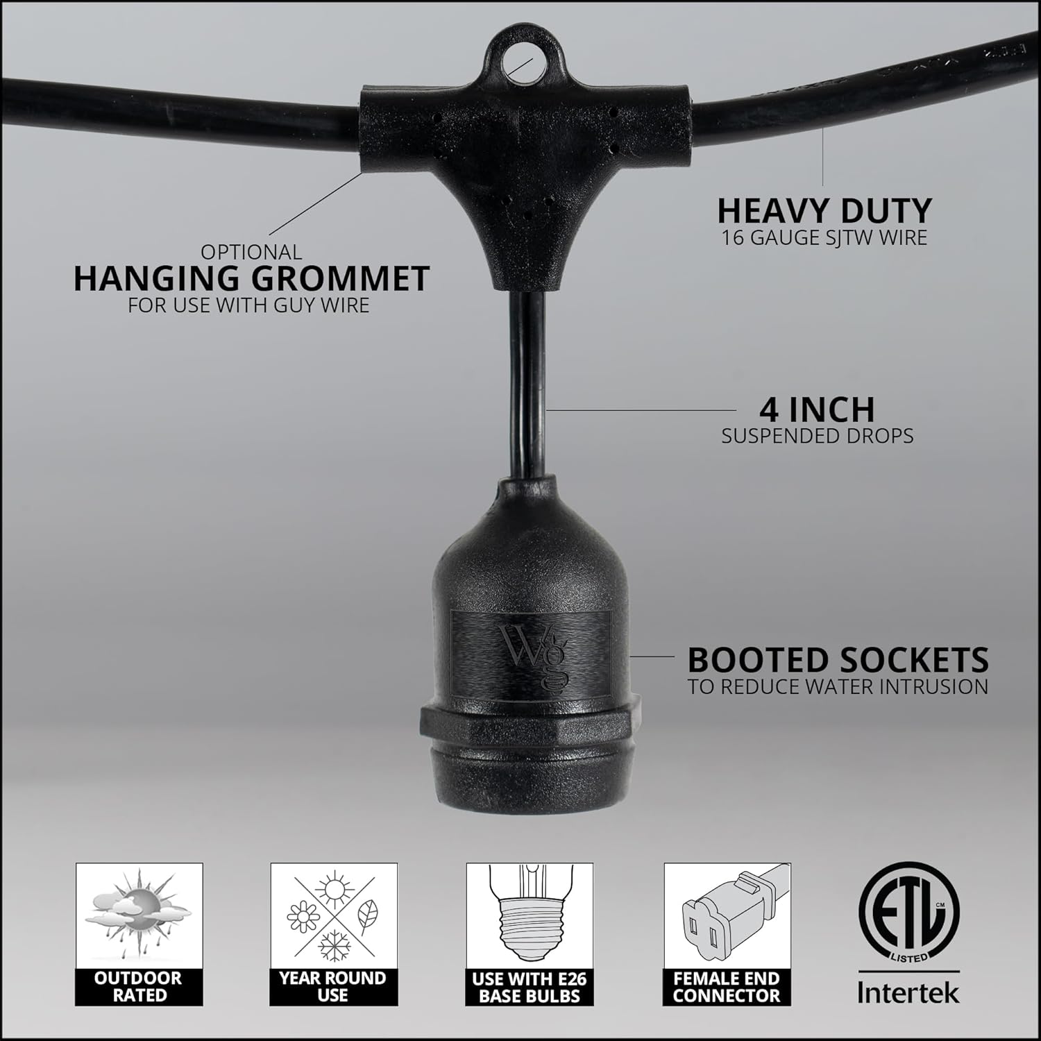 50-ft 25 Suspended Sockets E26 Commercial Patio Light Stringer, Heavy Duty Weatherproof SJTW Black Wire, 24" Spacing, 16 AWG, Cord Only