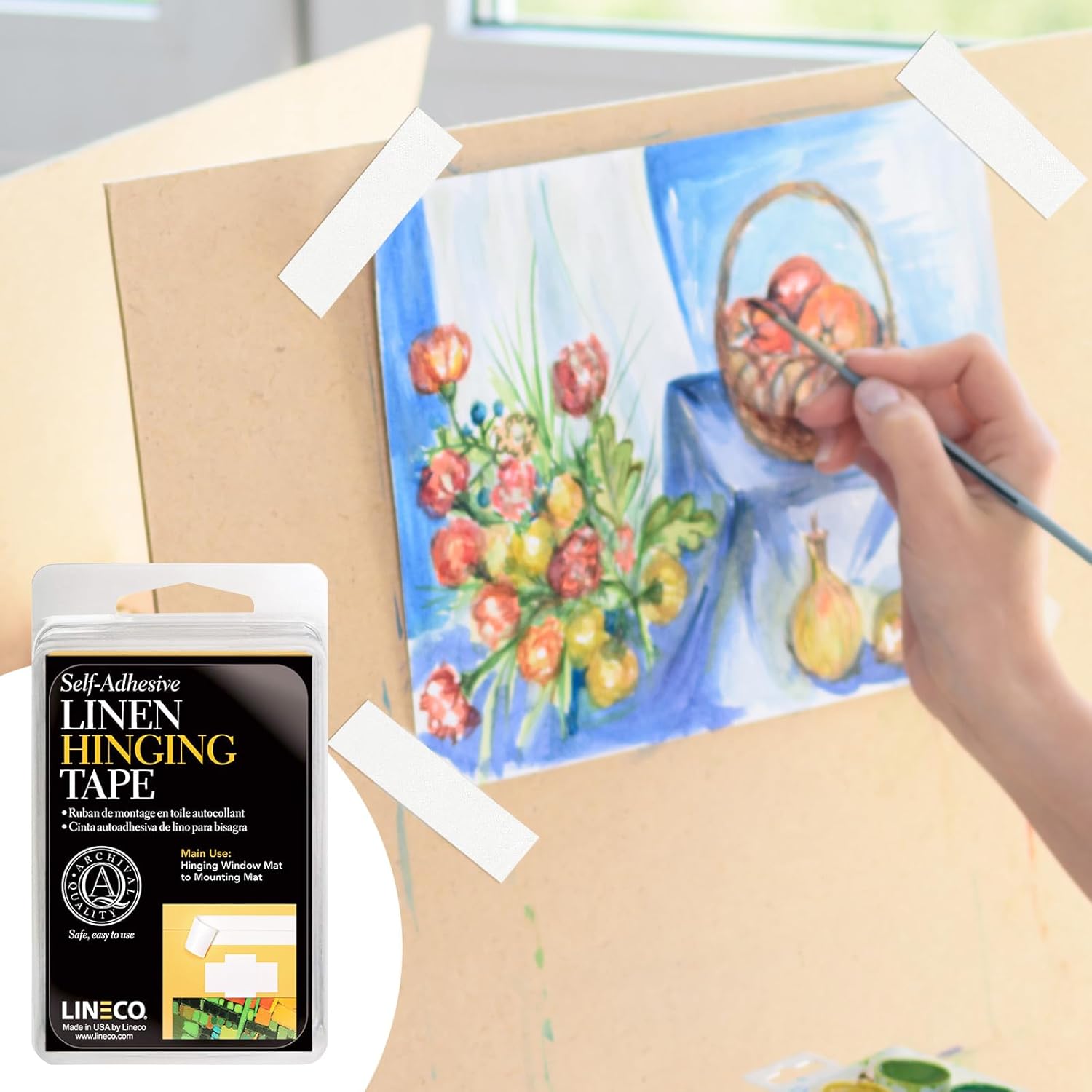Lineco Self-Stick Linen Hinging Tape, Attaching Mats to Backboard, Hinge Heavy Artwork, Non-Yellowing, Strong, Neutral pH Acrylic Adhesive. Acid-Free White Cloth, 1.25" x 12', Pack of 2
