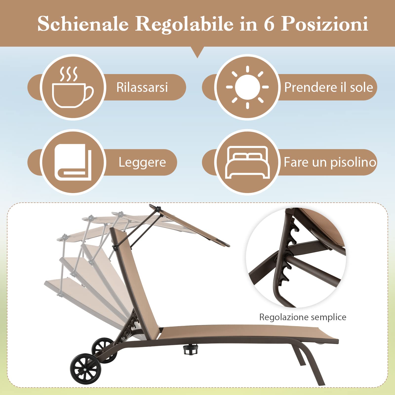 COSTWAY Lettino Prendisole da Giardino, Sdraio Reclinabile con Ruote Tettuccio, con Schienale Regolabile in 6 Livelli, Lettino da Giardino con Portabicchieri a Scomparsa, Portata 150 kg (1, Marrone)