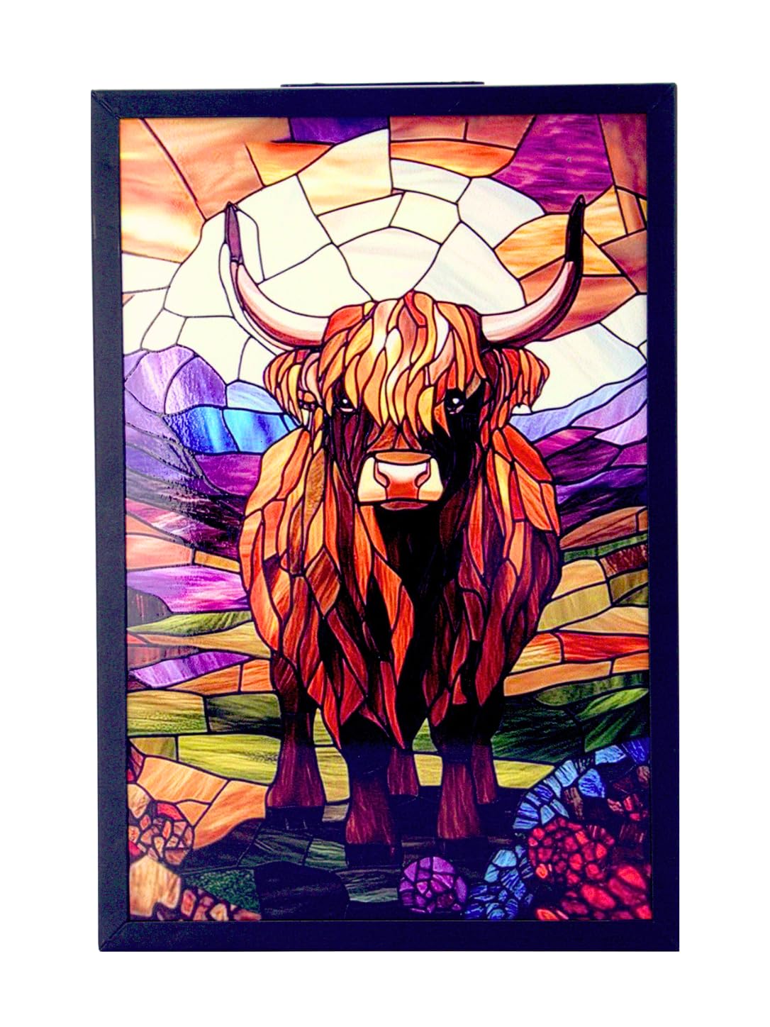 Cello Solar Stained Glass Garden Lantern Light – Golden Highland Cow Design Outdoor LED Wall Lamp, Waterproof Solar Powered, Automatic Dusk to Dawn Patio, Balcony Decoration use Rechargeable Battery