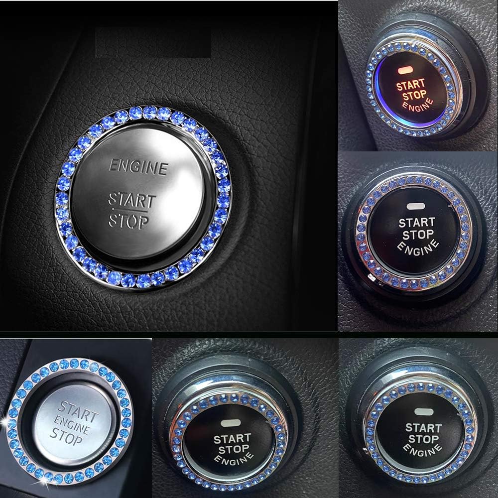2Pcs Blue Crystal Rhinestone Ring for Car Decoration, Auto Engine Start Stop Decor Crystal Interior Ring Decal for Vehicle Ignition Button