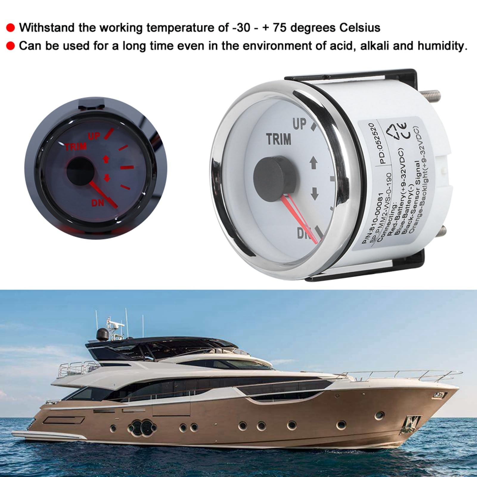 Aramox Jauge de garniture de bateau 52mm/2in UP-DN 0-190ohm Indicateur d'inclinaison de garniture de signal Rétroéclairage rouge Cadran blanc cadre argenté