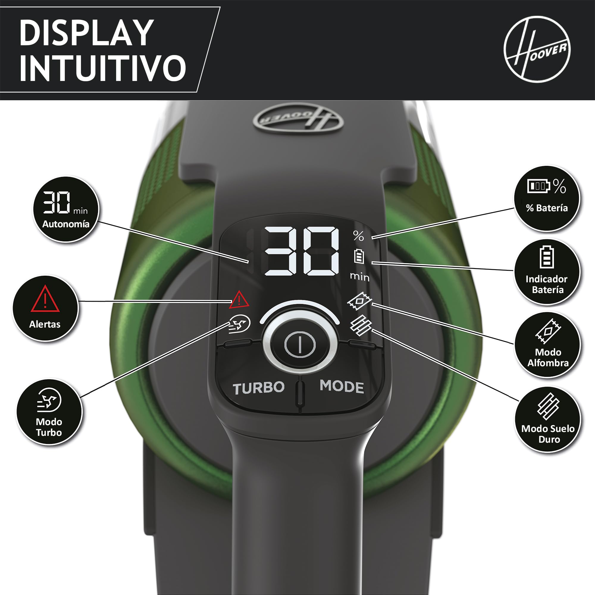Hoover HF9 Especial Mascotas HF920P, Aspiradora Escoba sin Cable, sin Bolsa, 3 en 1, Escoba, de Mano y Vertical, Cepillo Antienredos, Autonomía 60 min, Color Gris/Verde