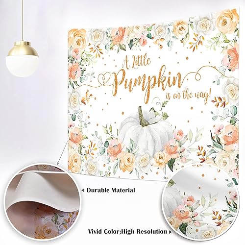 Miniatura 2 de Mocsicka Telón de fondo de calabaza otoñal para baby shower, decoración de fiesta de otoño con texto en inglés "A Little Pumpkin is on The Way",