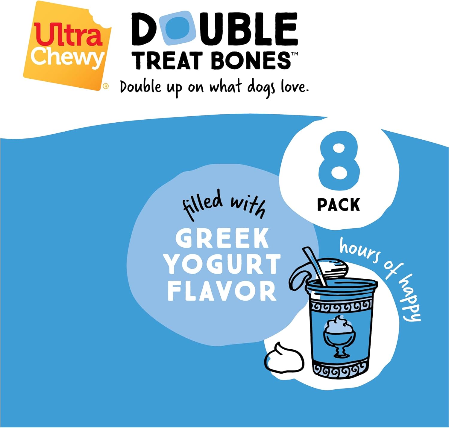 Ultra Chewy Double Treat Bones: Long-Lasting Dog Treats Made in USA for Large and Small Breeds, Highly Digestible, Ideal for Aggressive Chewers (Greek Yogurt, 2 Value Packs)