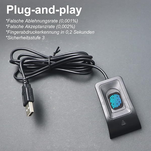 USB Fingerprint Reader, Fingerprint Sensor for PC for Windows 10/11, Windows Hello Plug and Play, Automatic Driver Installation with 1.5 m Extension Cable, Windows Password-Free Operation - 3