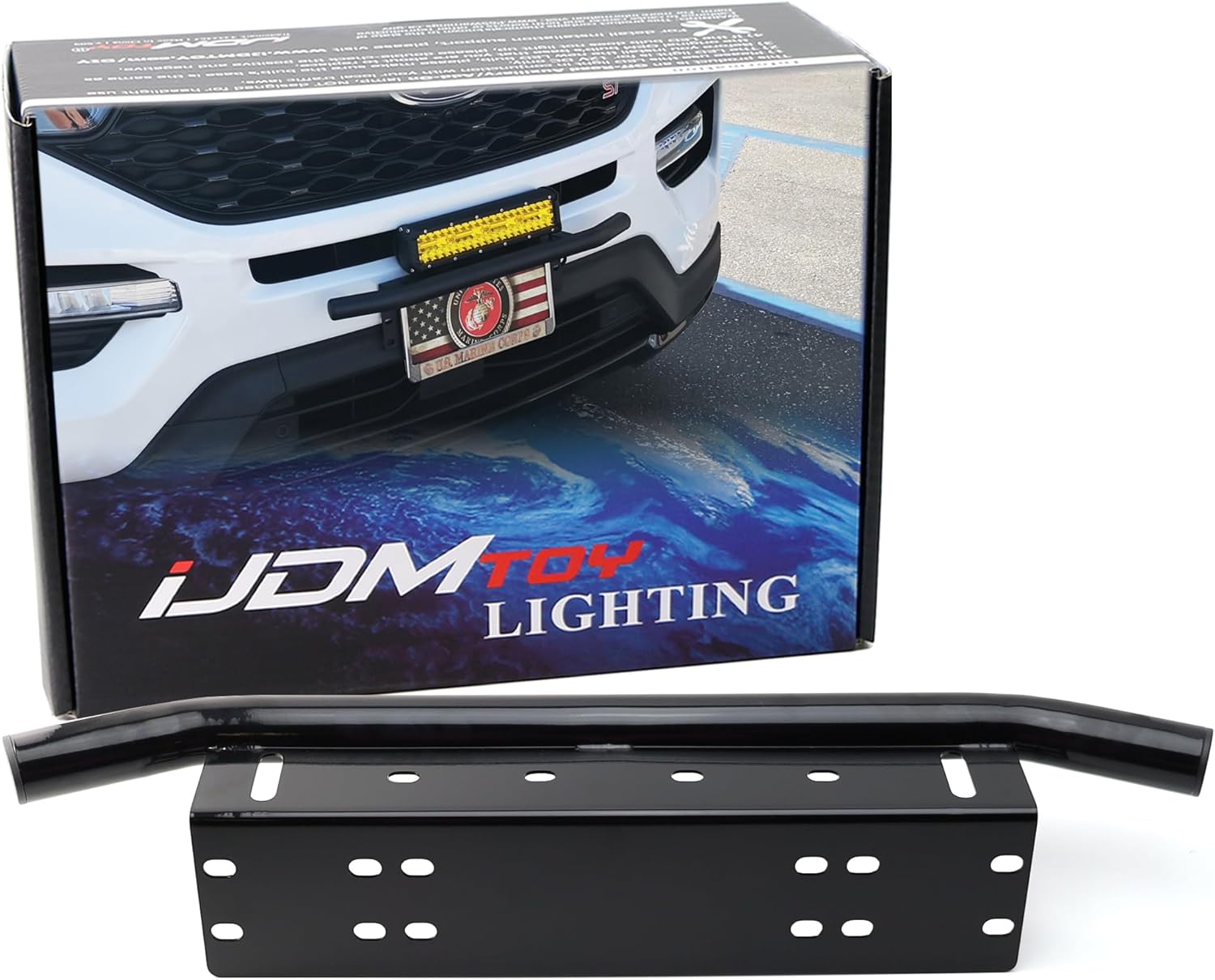 iJDMTOY AA3117 Universal Fit Bull Bar Style Black Painted Stainless Steel Front Bumper License Plate Mount Bracket Holder Compatible with Off-Road Lights, LED Work Lamps, LED Lighting Bar