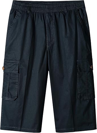 Mens Casual Cargo Shorts Elastic Work Shorts Multi-Pocket Cropped Trouser Summer Cotton Bermuda Shorts