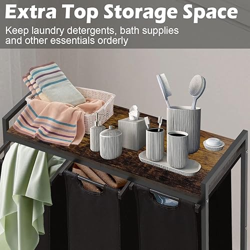Miniatura 3 de Clasificador de cestas de lavandería grande con 3 bolsas de clasificación extraíbles y extraíbles, estante superior de madera, organizador versátil