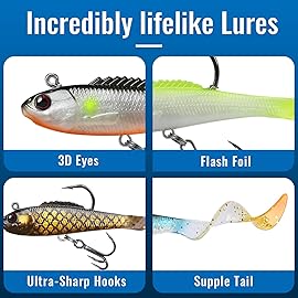 GOTOUR Pre-Rigged Soft Fishing Lures, Curly Tail Swimbait for Bass, Pike, Trout, Walleye, Salmon, Redfish, Crappie, All Season Freshwater Fishing Bait