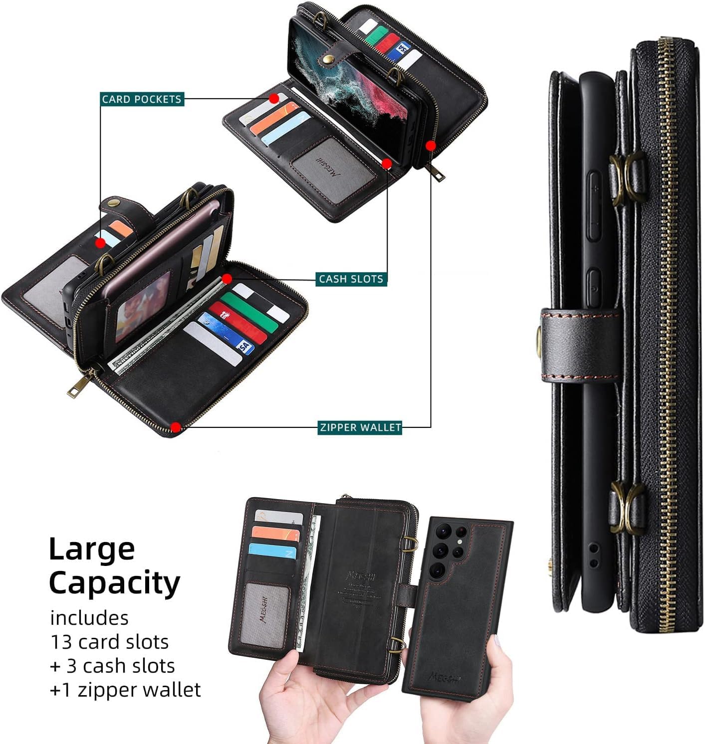 Detachable 2 in 1 Wallet Case for Samsung Galaxy S25 Ultra with Wrist Strap,Crossbody Shoulder Strap, 9+ Card Slots Zipper Purse,Phone Cover for S25Ultra 25S S 25 25Ultra 6.9 2025 Black