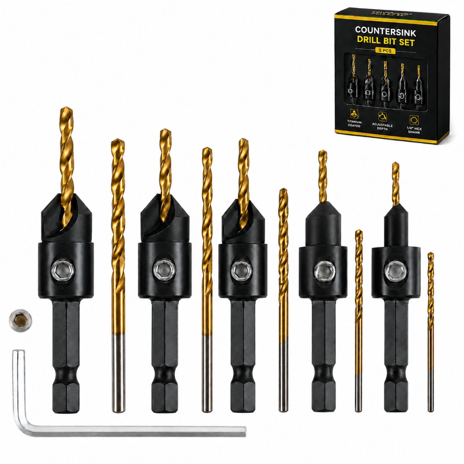 Pnrskter Countersink Drill Bit Set for Wood, Adjustable Countersink Drill Bit, #4, #6, #8, #10, #12, 12 PCS Quick Change Hex Shank Bits with Spare Bits, Allen Key & Storage Box