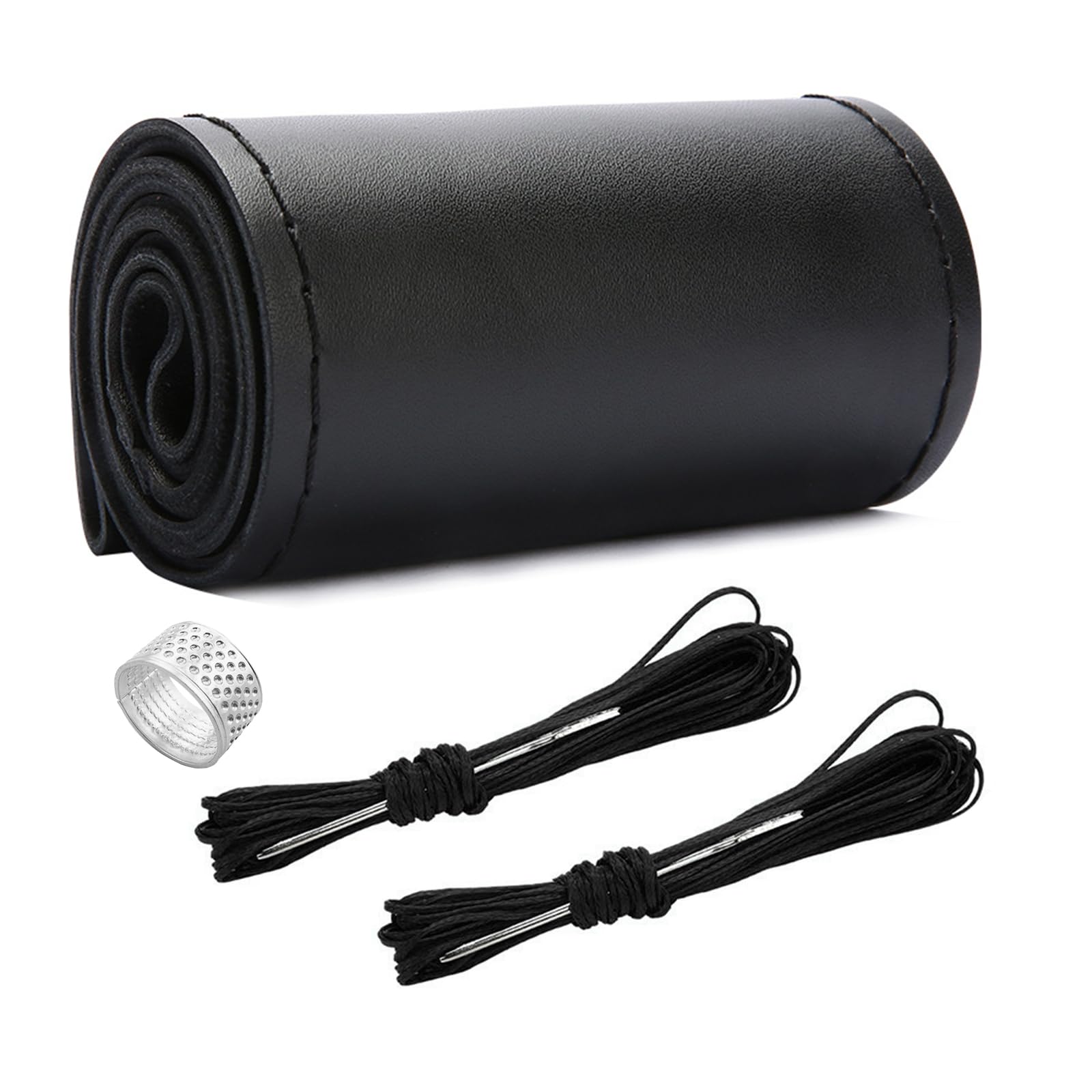 Ziciner - Funda de volante de cuero genuino cosida, transpirable, antideslizante, para volante de coche, diámetro máximo de 15 pulgadas, costura artesanal con aguja e hilo, color negro brillante
