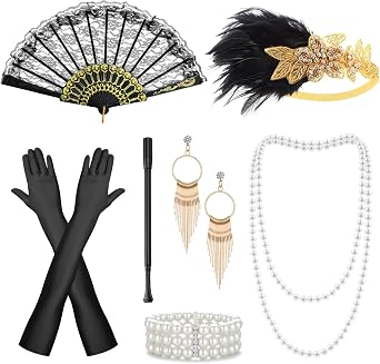 20er Jahre Accessoires Damen Set 5-teilig - Stirnband, Ohrringe, Handschuhe, Perlenkette & Armband Für Charleston Karneval