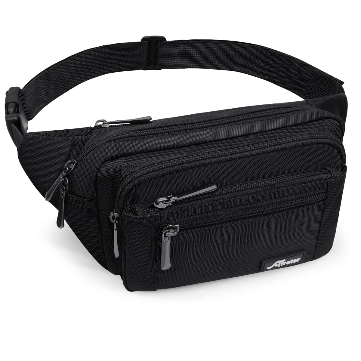 HNOOM Riñonera Mujer Hombre con Cubierta de Lluvia y 5 Bolsillos con Cremallera, Cinturón Ajustable, Riñoneras de Cintura Deportivas para Andar en Bicicleta, Correr, Trotar, Viajar (Negro)