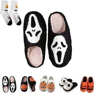 Scream Ghostface Slippers, Ghostface Slippers, Halloween Pumpkins Slippers Soft Plush Spooky Slides For Women Men, Non-Slip Indoor Outdoor (7.5-8.5 Women/6.5-7.5 Men, A)