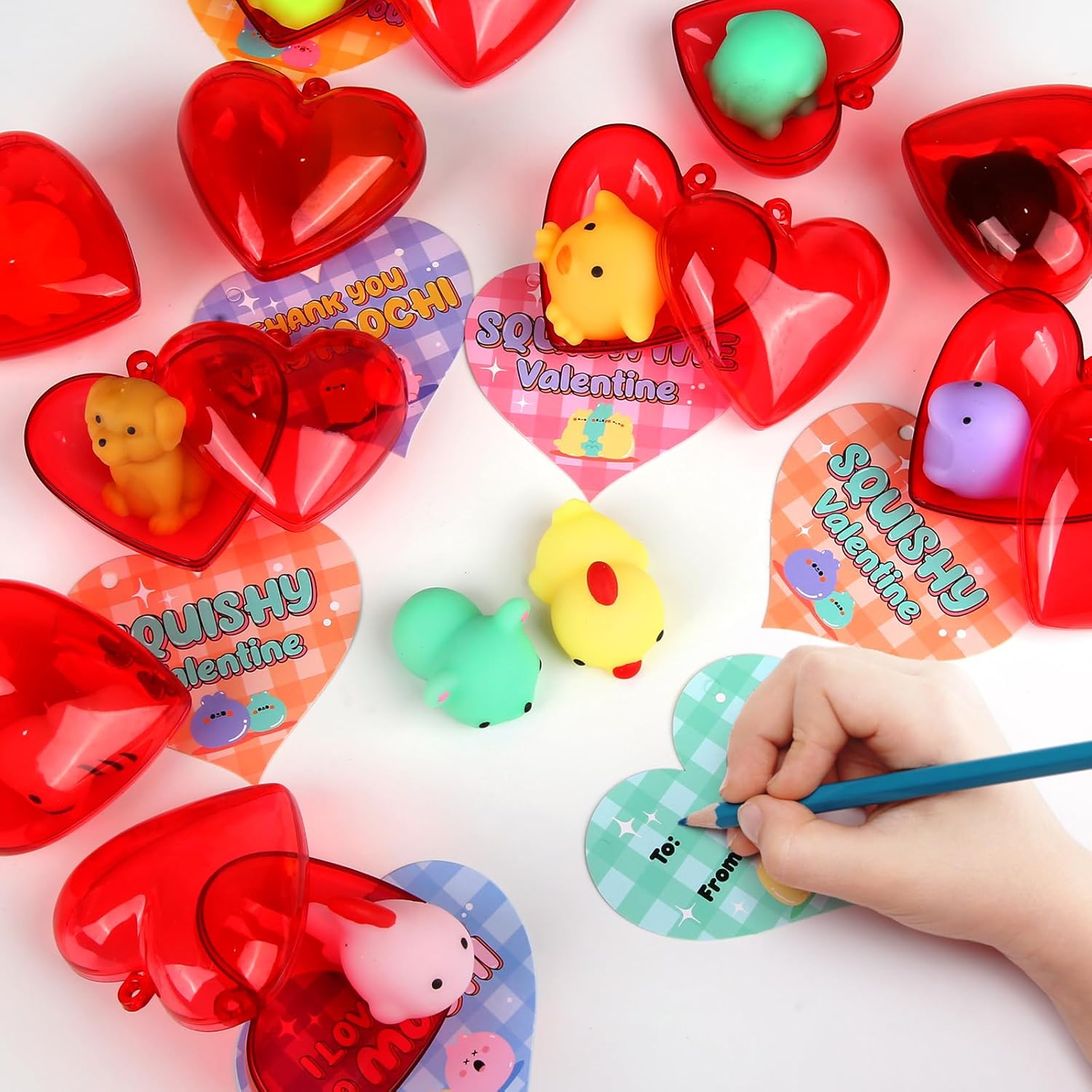 28 Pack Valentine Mochi Squishies Toys and Valentine Cards for Kids, Animal Mochi Squishies Toys Filled Hearts, Kawaii Squishies Stress Relief Fidget Toys for Classroom Exchange Party Favors Prizes