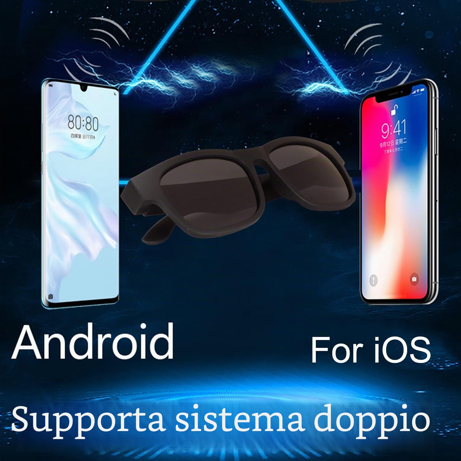 Occhiali da Sole Intelligenti, Occhiali da Sole Bluetooth Stereo Senza Fili Montature Nere Occhiali da Sole Intelligenti con Cancellazione del Rumore con Cuffie per Ciclismo, Corsa, Guida, Pesca