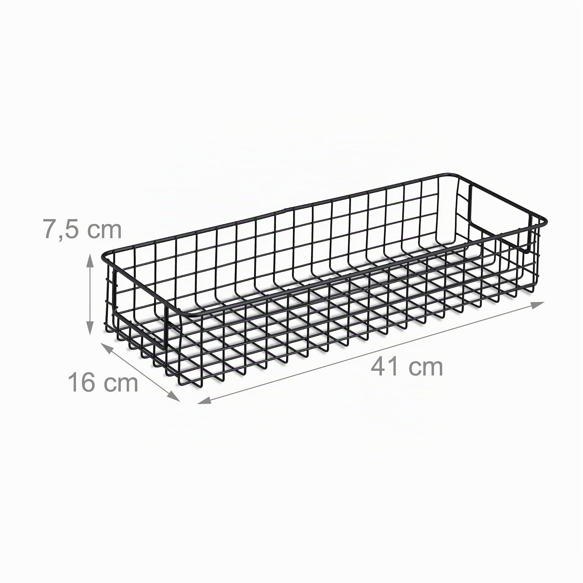 Relaxdays 3 Cestas Metálicas Rejilla Alambre con Asas, Canastillas Almacenaje Rectangulares, 7,5 x 41 x 16cm, Negro