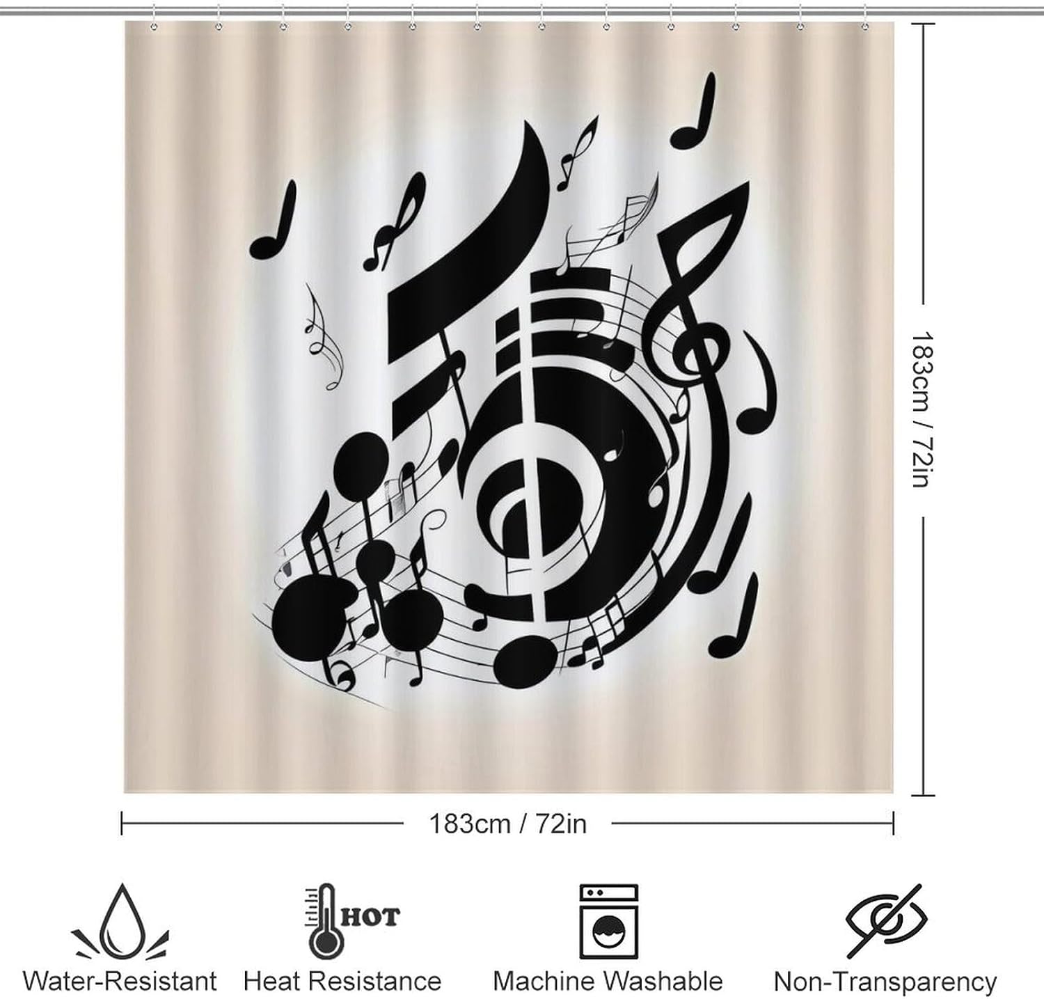 Music Note 4-Piece Shower Curtain Set with Shower Curtain and Rugs Modern Bathroom Curtains Bath Accessories with Mats Toilet Lid Cover and 12 Hooks image 2