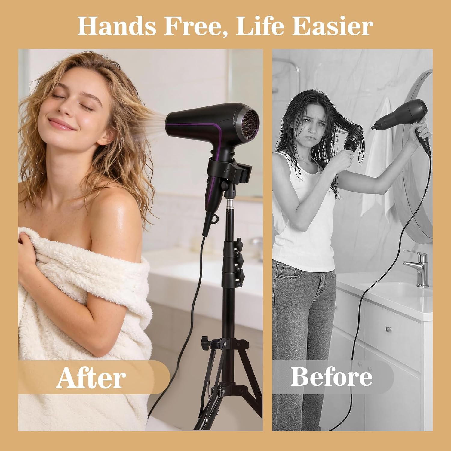 Adjustable Hair Dryer Stand, 27-59 Inch Hair Dryer Holder with Triangular Base and Universal Clip, 180° Rotating Blow Dryer Stand for Bathroom, Vanity, Makeup Room, Home Styling and Pet Grooming