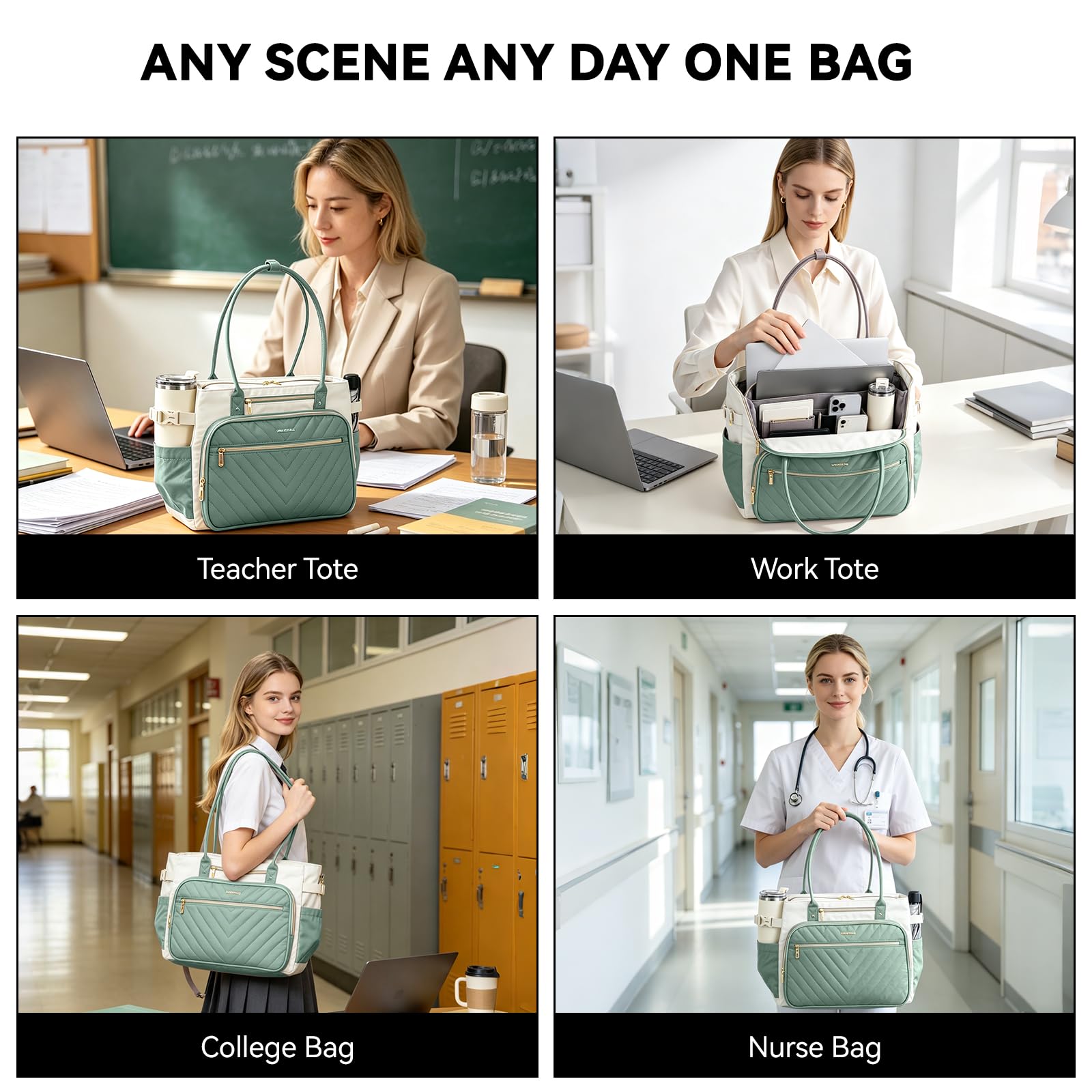 VANKEAN Borsa per laptop da donna, 15,6 pollici, borsa da lavoro impermeabile, borsa a tracolla per computer, borsa grande per lavoro, viaggi d'affari, beige/verde chiaro