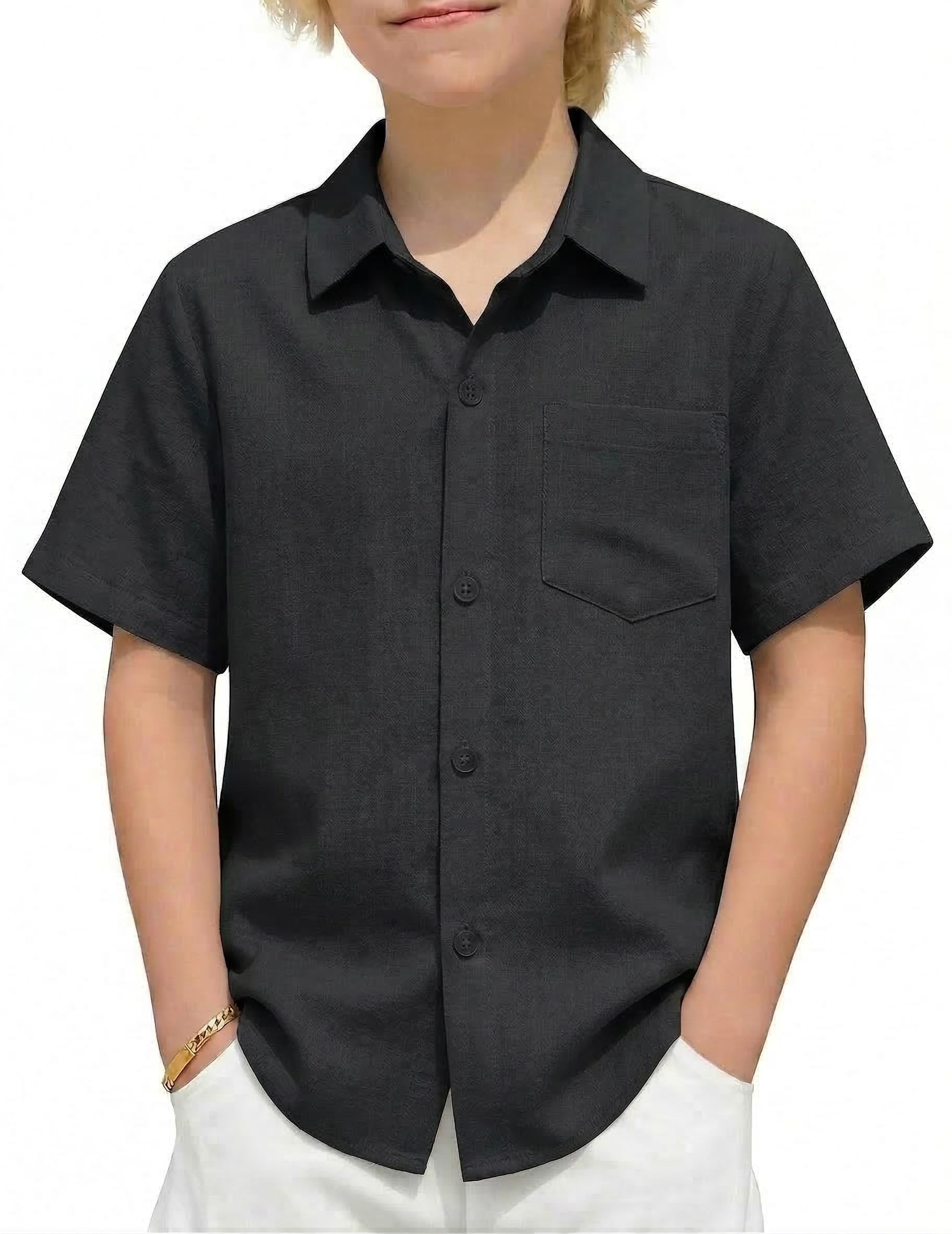 Arshiner Garçons Chemises en Lin Eté Enfants Manches Courtes Boutonnés Shirt Loisirs Poche Chemises pour Garçons 5-13 Ans