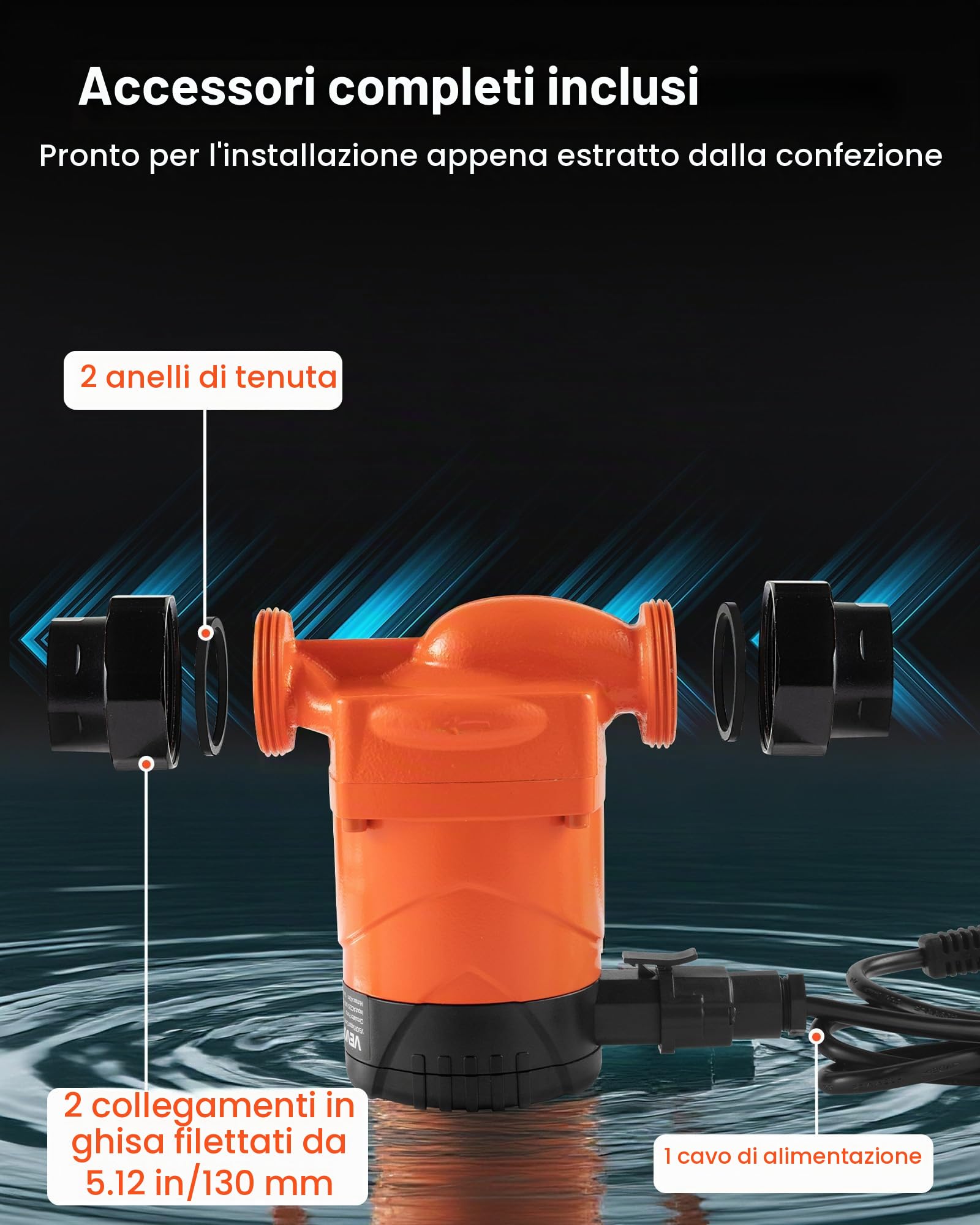 VEVOR Pompa di Circolazione ad Alta Efficienza LPS25-6BP/130, 58 LPM, per Acqua Calda in Ghisa con Prevalenza Massima di 6 M, Attacco Filettato, Valvola di Ritegno, per Impianto di Riscaldamento