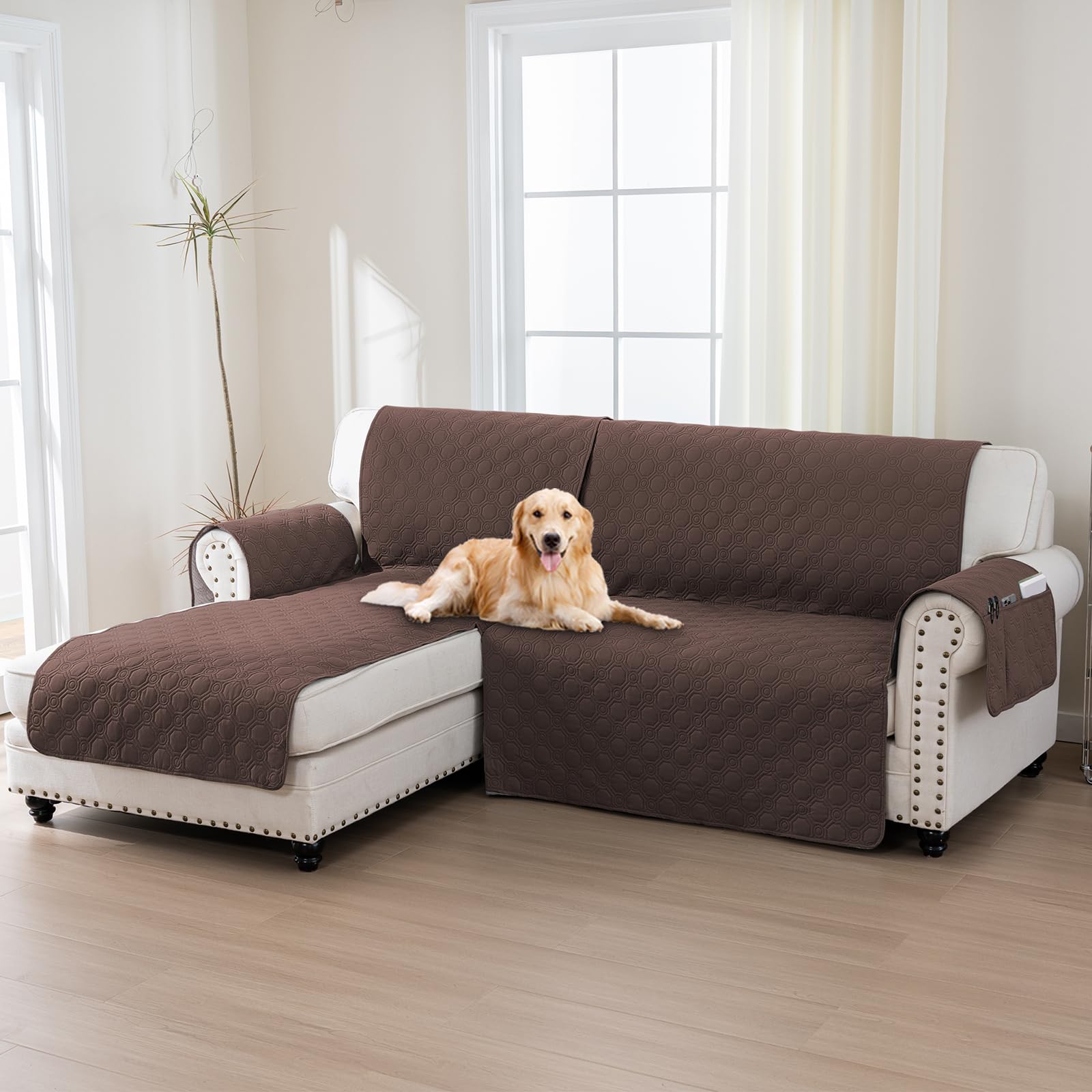 H.Versailtex 100% Waterproof Sofa Slipcovers for Sectional Sofa 2-Piece Corner Sofa Cover Sectional Couch Cover L Shaped, Seat Width 205CM (Left Chaise Lounge Cover+2 Seat Sofa Cover, Brown)