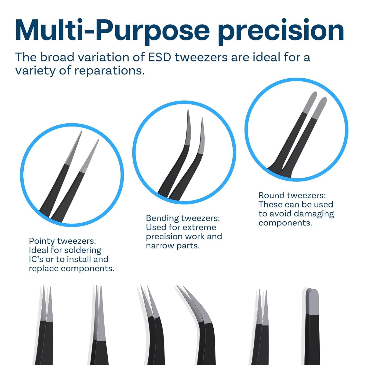 MMOBIEL 7x Precision Tweezers Set - Anti-Static Stainless Steel ESD Tweezers - For Electronics, Laboratory Work, Jewelry, Craft, Soldering and more