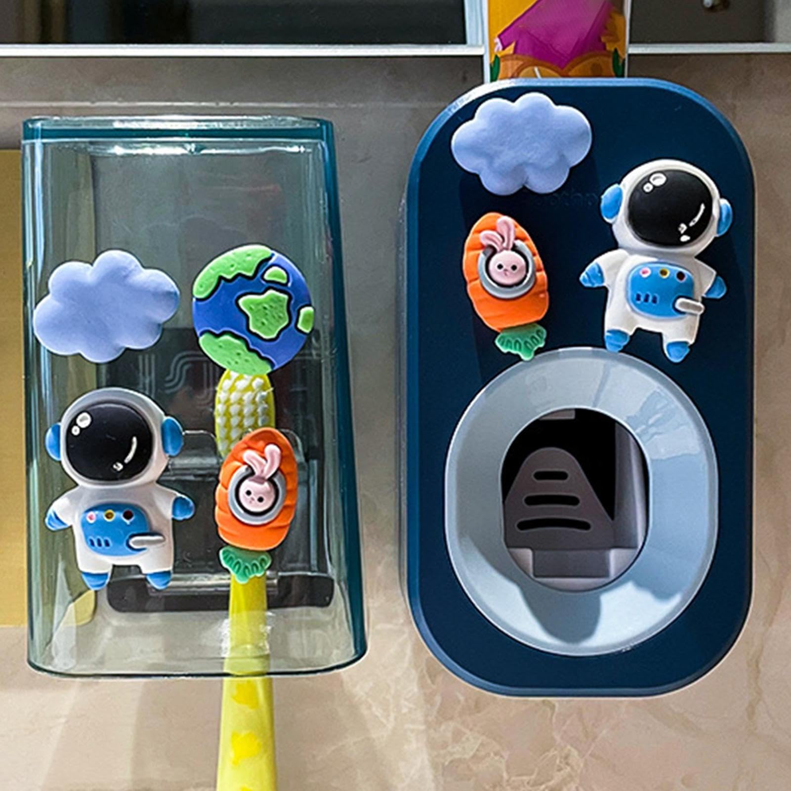 Automatischer Zahnpastaspender für Kinder, 3 Zahnbürstenhalter, große Kapazität, multifunktionaler Zahnpasta-Halter, niedlicher wandmontierter Zahnpasta-Spender, Zahnbürsten-Organisation