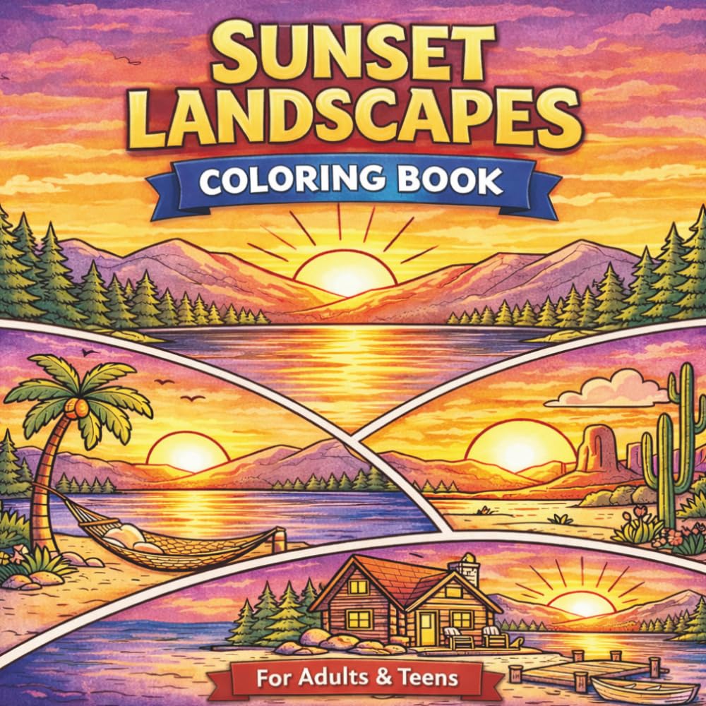 Sunset Landscapes Coloring Book: Relaxing Scenic Views of Mountains, Beaches, Lakes and Deserts for Stress Relief