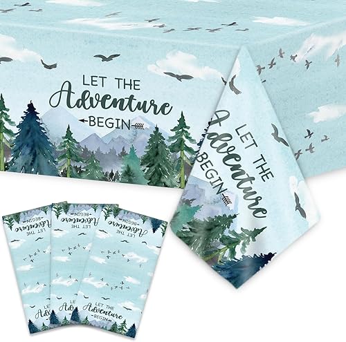Mantel de 3 piezas con texto en inglés "Adventure Awaits Let The Adventure Begin", mantel rectangular desechable de plástico para baby shower,