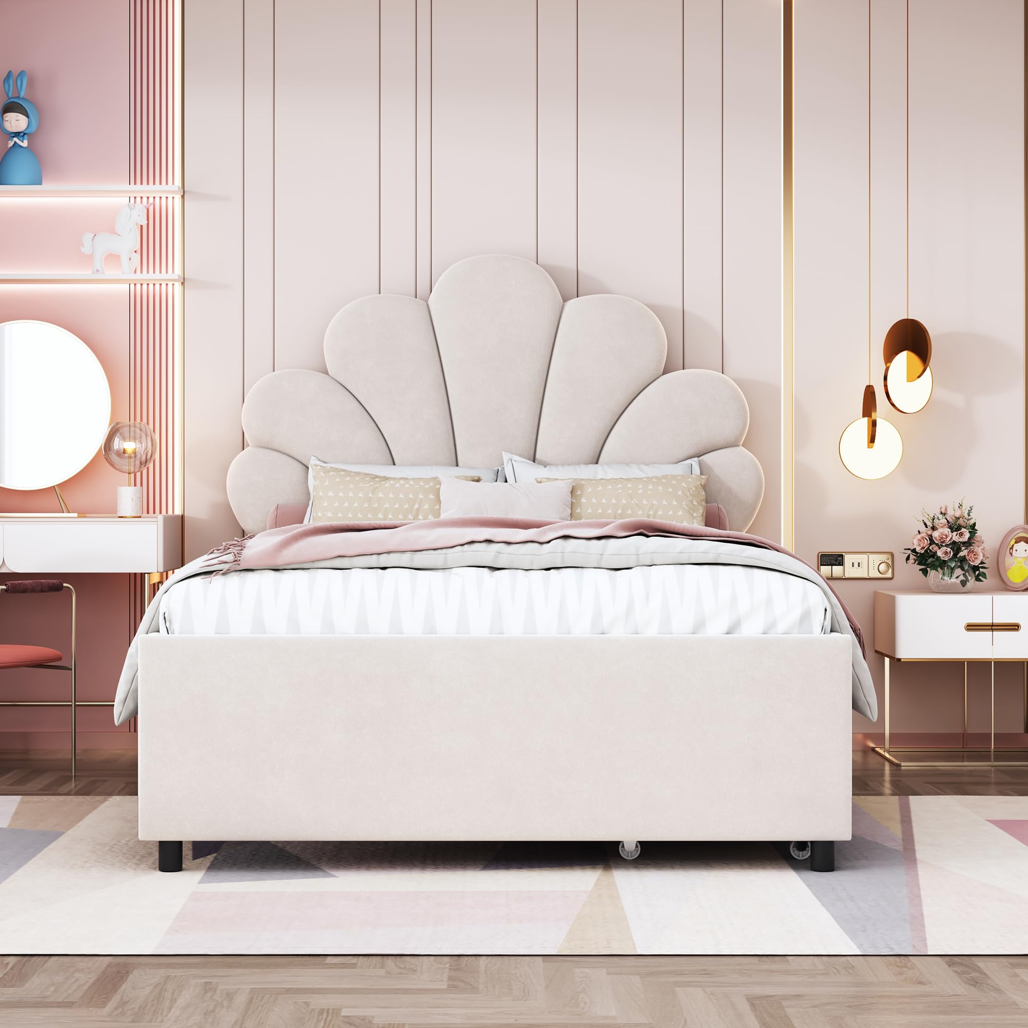 Dolamaní Jugendbett Mädchen Bett 90x200 cm, Höhenverstellbarem Kopfteil-geblümtem, Lattenrost Holz, 2 Schubladen mit Rollen, Polsterbett Sam Beige