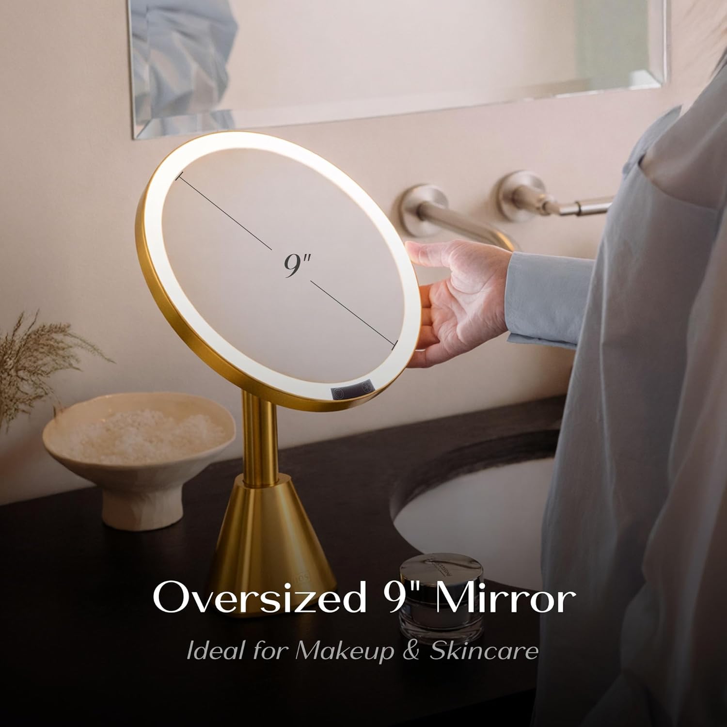 Ilios Lighting 9" Lighted Makeup Mirror with 5X Magnification – Rechargeable LED Vanity Mirror, Adjustable Lighting (3200K–6500K), 1000 Lux Brightness, Stepless Dimming (Gold)