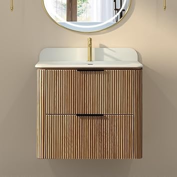 24" Wall Mounted Bathroom Vanity with Acrylic Sink, Floating Single Sink Bathroom Cabinet with 2 Soft Close Drawers, Solid Wood & Plywood Construction, Natural Oak Finish for Small Bathroom