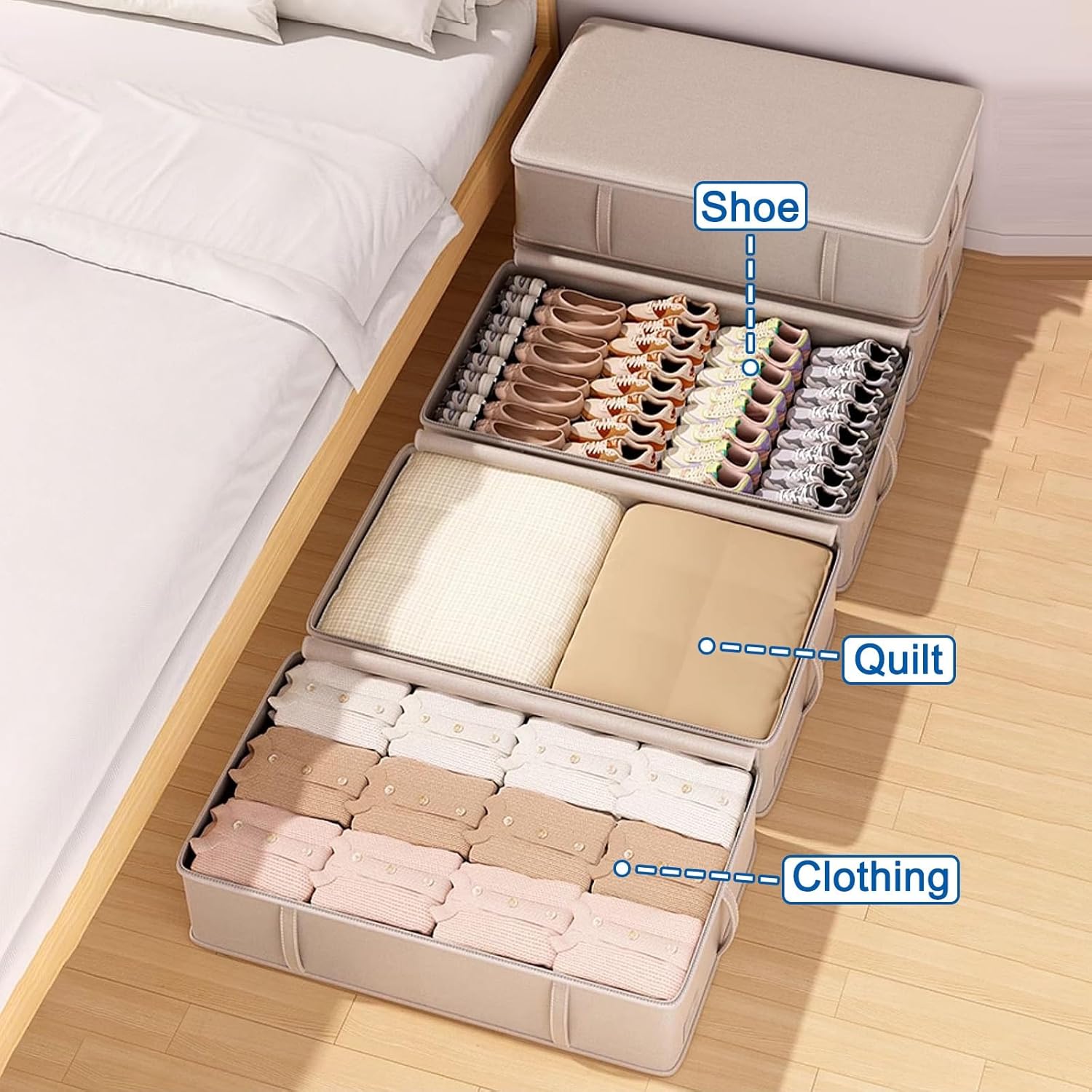 2 Pack Under Bed Storage Boxes, Foldable Under Bed Clothes Storage, Alloy Zipper, Humanized Handle, Ideal for Clothes, Quilt, Toys(Gray,Medium)